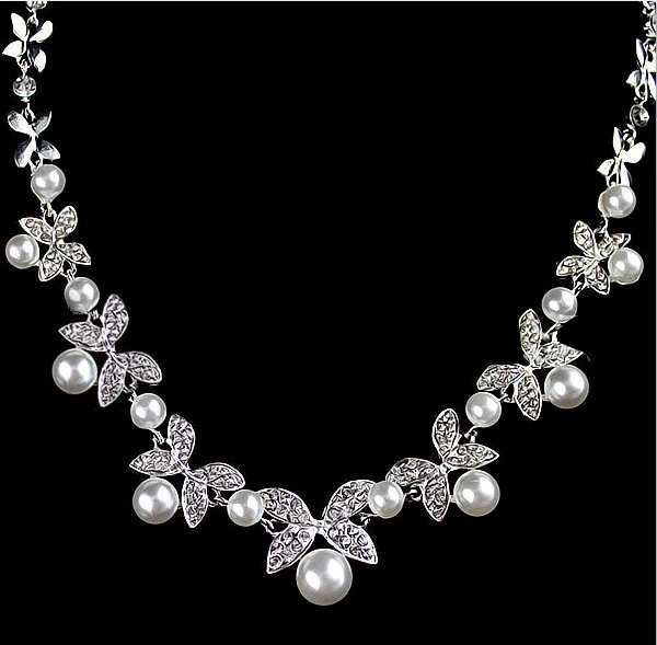 B0879 bride wedding jewelry accessories wholesale fashion diamond pearl necklace earrings set leaves the atmosphere - Image 2